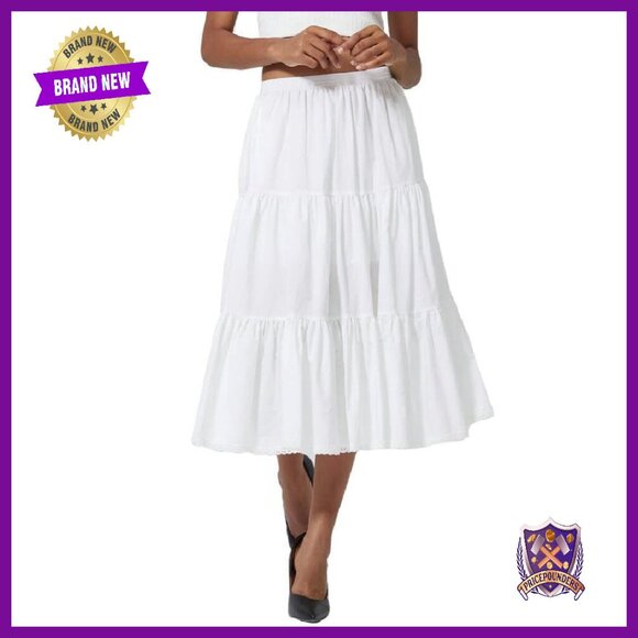 100% Cotton Midi Skirt with Pockets Elastic High Waist A-Line Lace Tiered
